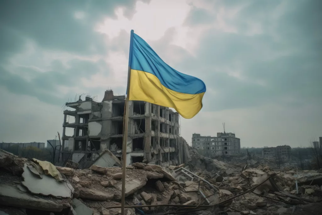 Прапор України майорить на зруйнованій будівлі в місті, символ надії та наполегливості