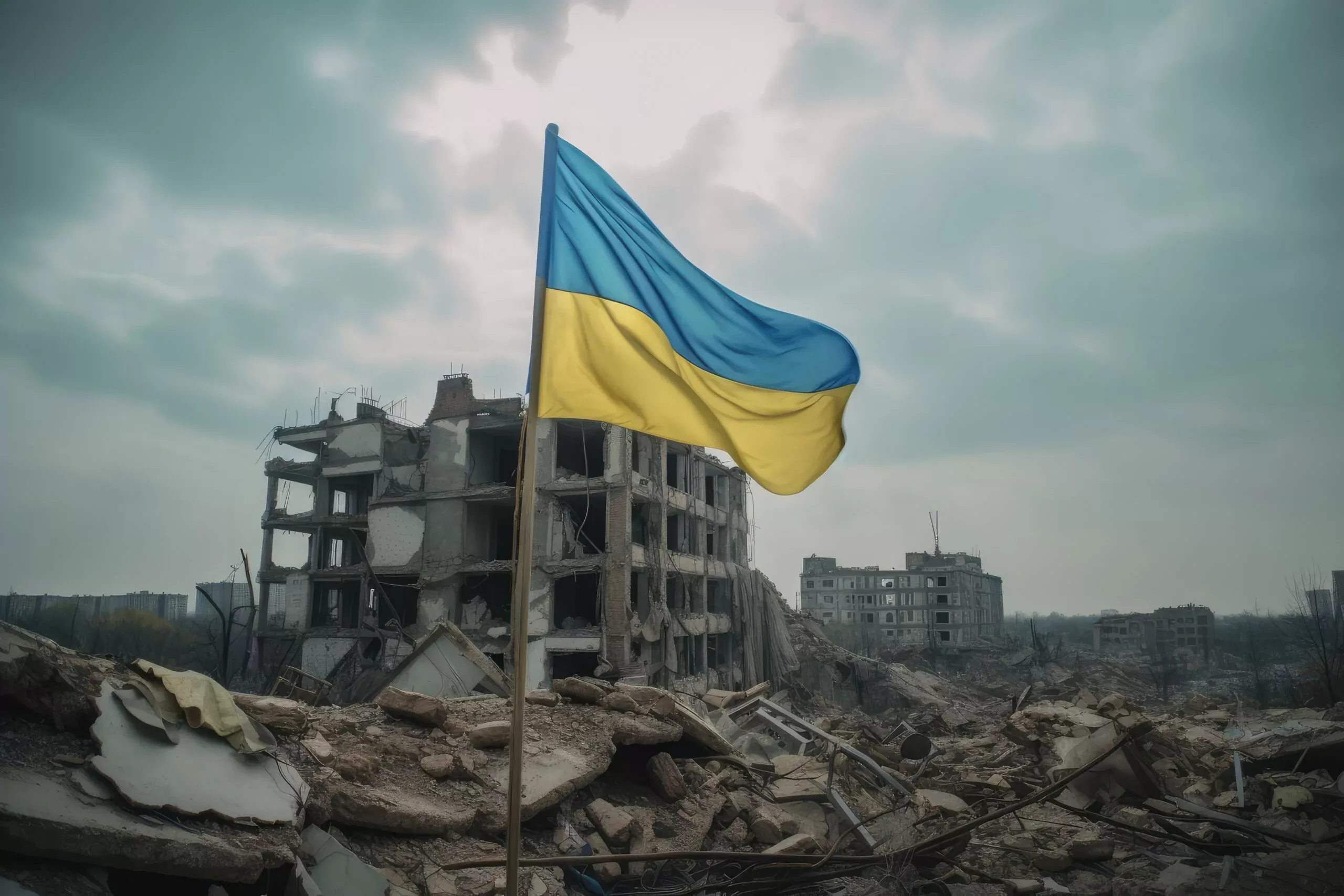 Прапор України майорить на зруйнованій будівлі в місті, символ надії та наполегливості