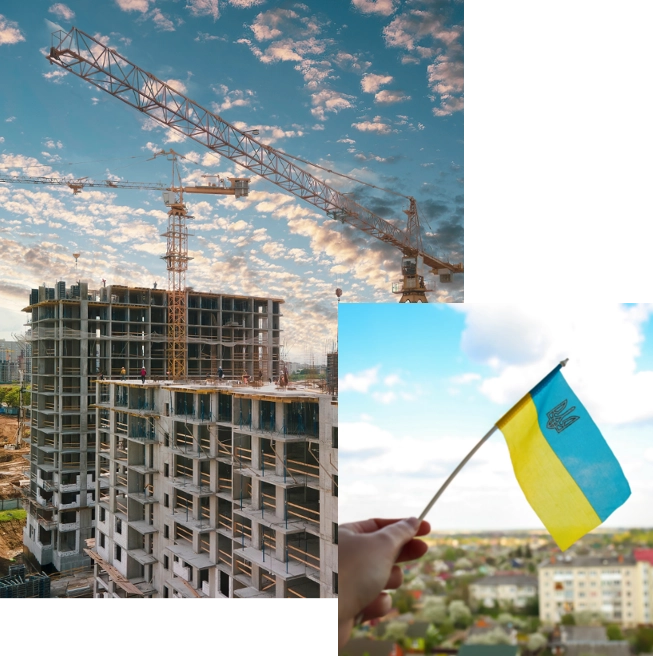 Actions - From left to right - the reconstruction of a high-rise building and the flag of Ukraine, which is held in the hand
